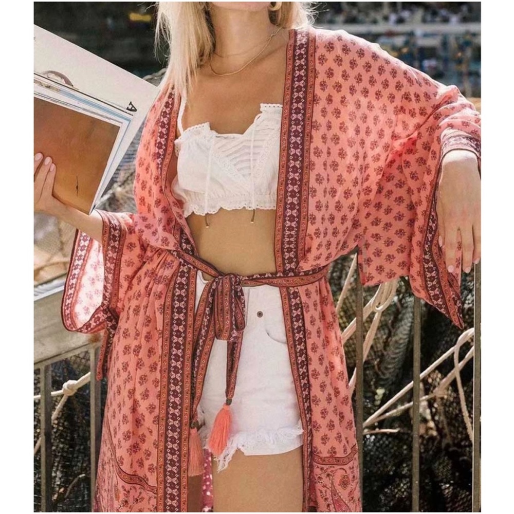 Red boho  Floral print Kimono Beach Cover Belted - Picture 10 of 14